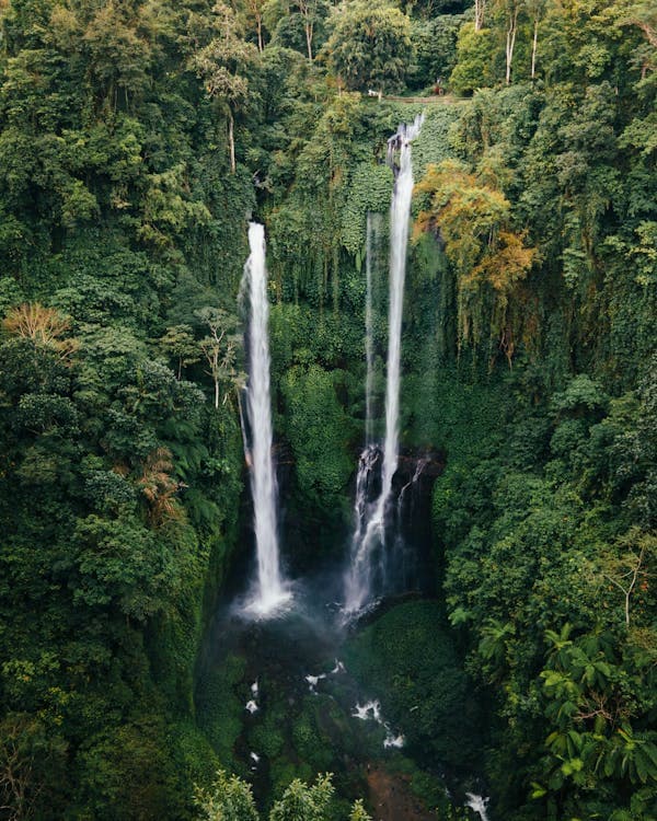Bali — aerial view of Sekumpul waterfall in North Bali jungle